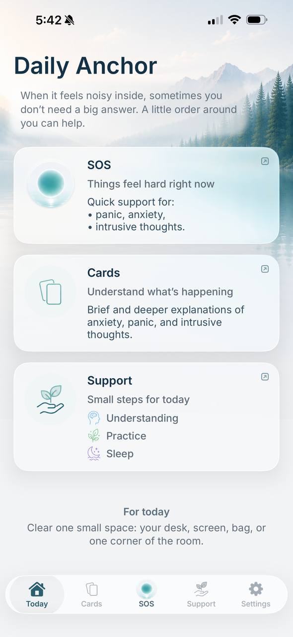 Ailin home screen with Daily Anchor, SOS, Cards, and Support